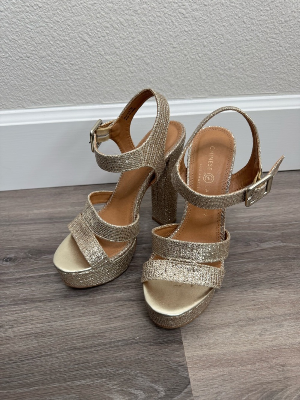 Chinese Laundry Gold Glitter Platform Heels